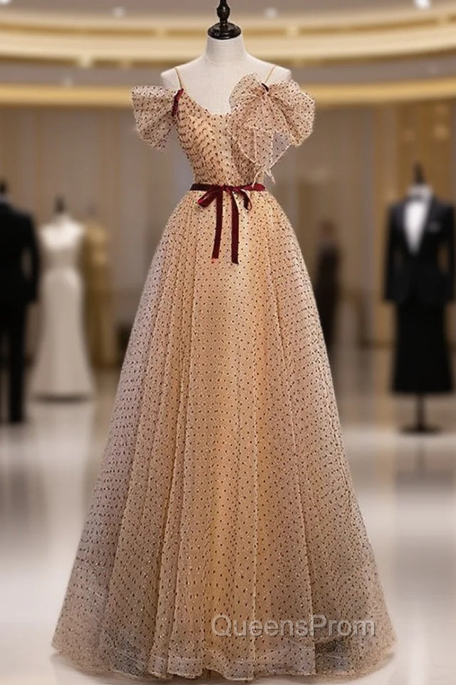 Champagne Wave Point Spagehtti Straps Evening Prom Dress