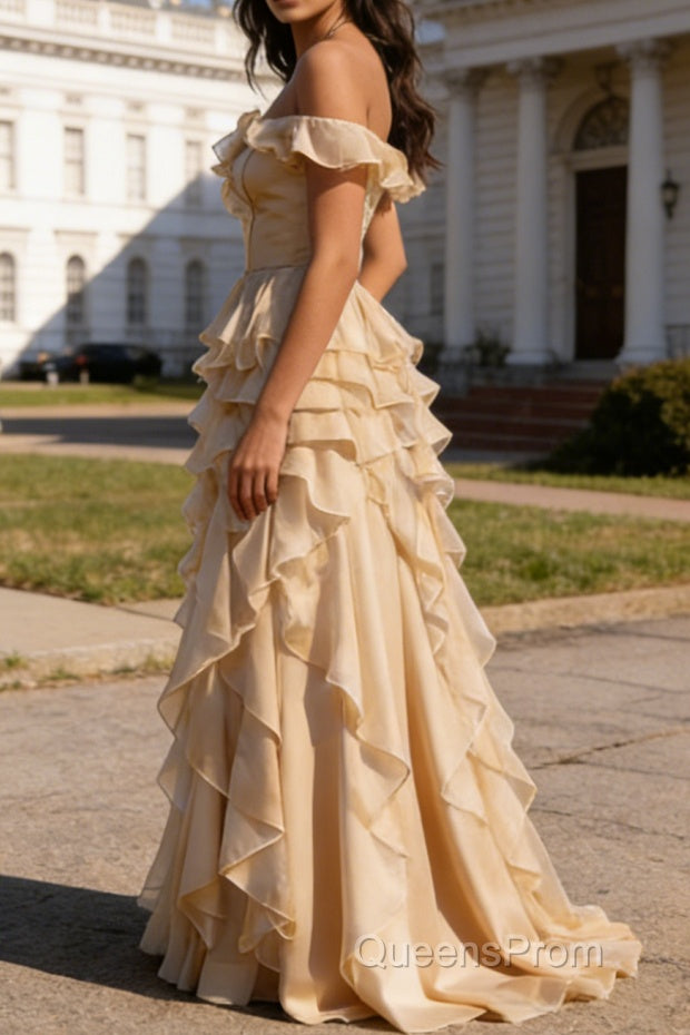 Champagne Ruffled A-Line Square Neck Long Prom Dress Secondary image