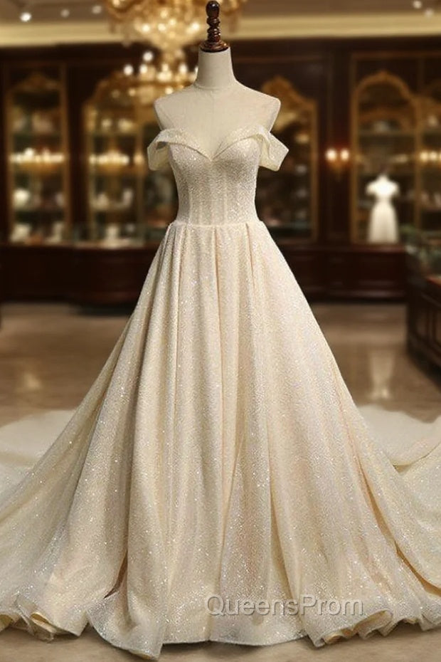 Champange Ball Gown Tulle Off The Shoulder Backless Wedding Dress Main image