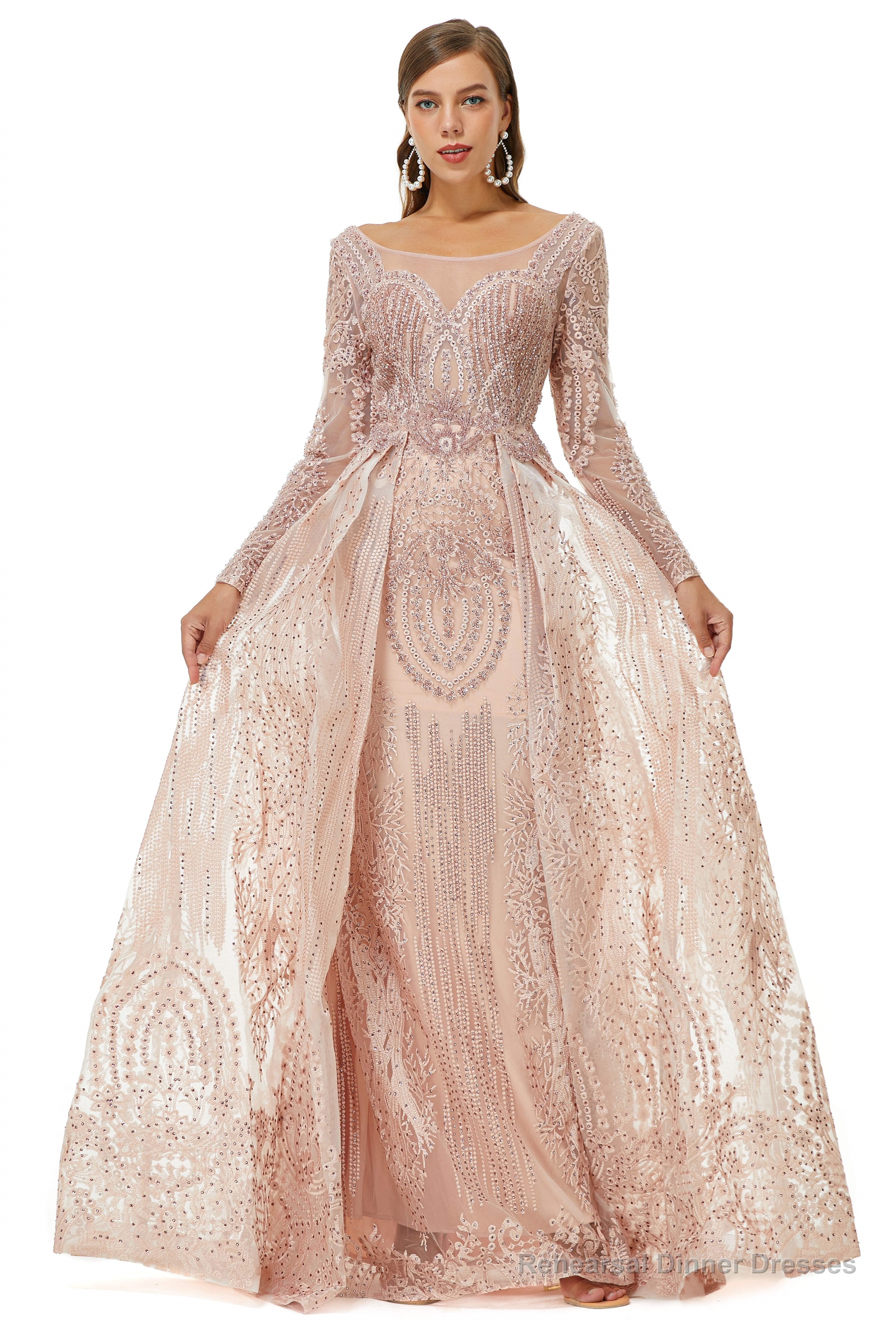 Champange Sparkle Beaded Long Sleeves Prom Dresses Main image