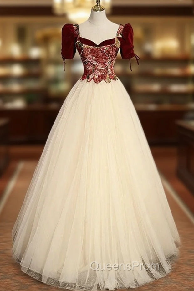 Champgne Tulle Sequare Short Sleeve Evening Prom Dress