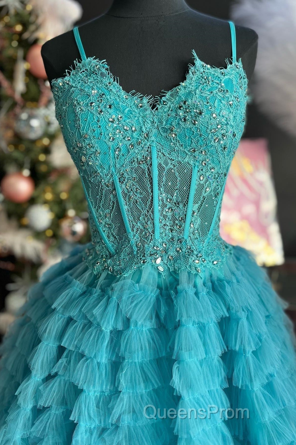 Periwinkle Lace Sweetheart Tiered Long Evening Prom Dress with Ruffles