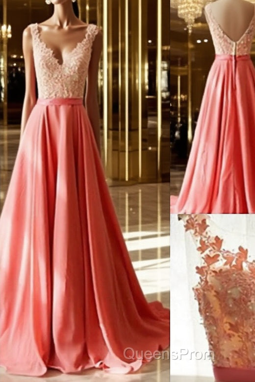 Charming A-Line Appliques V-Neck Lace Long Evening Prom Dress, Long Formal Dress Main image