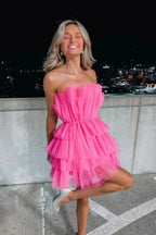 Line Hot Pink Short Homecoming Dress, Strapless Party Dress