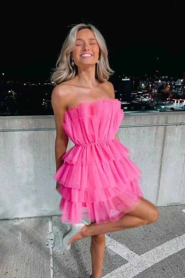 Line Hot Pink Short Homecoming Dress, Strapless Party Dress Main image