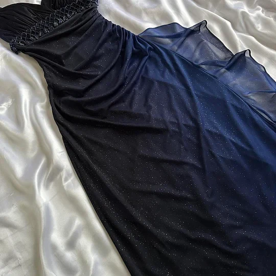 Charming A Line Spaghetti Strap Beaded Navy Blue Ombre Chiffon Party Dress Classy Evening Dress
