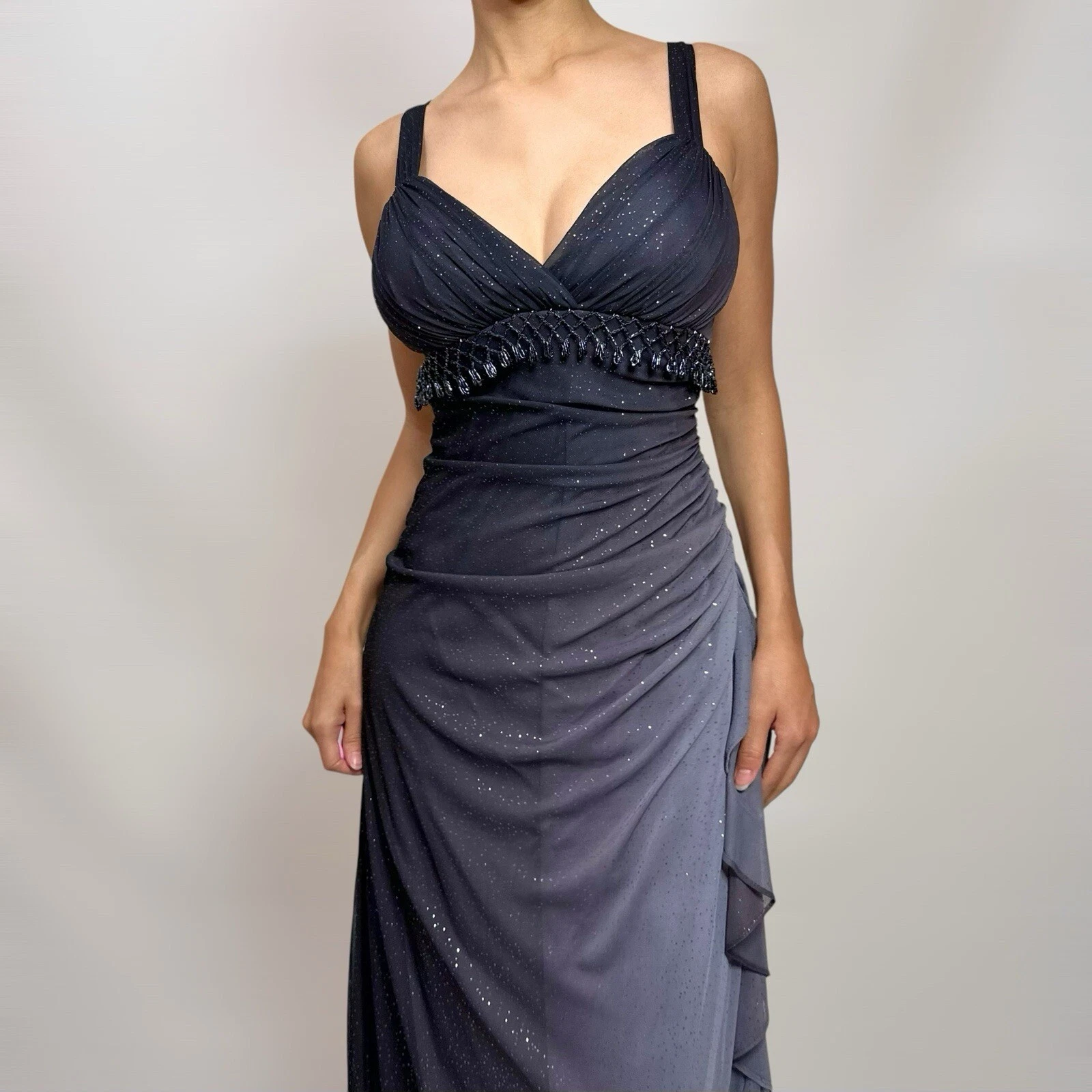 Charming A Line Spaghetti Strap Beaded Navy Blue Ombre Chiffon Party Dress Classy Evening Dress