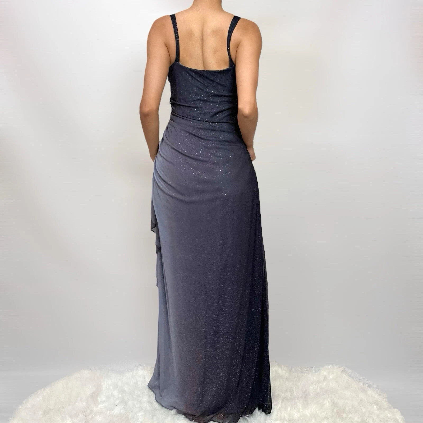Charming A Line Spaghetti Strap Beaded Navy Blue Ombre Chiffon Party Dress Classy Evening Dress