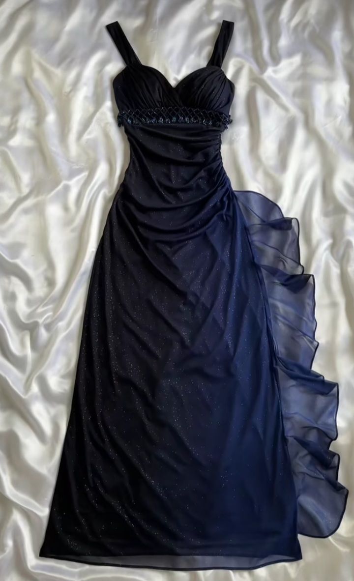 Charming A Line Spaghetti Strap Beaded Navy Blue Ombre Chiffon Party Dress Classy Evening Dress