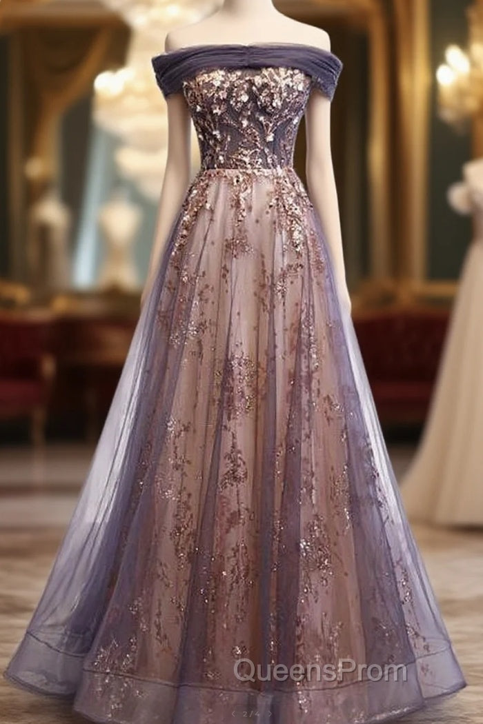 Charming A-Line Tulle Long Off Shoulder Party Dress, Evening Prom Dress Main image