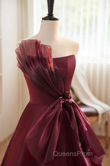 Charming And Elegant Wine Red Sleeveless Off Shoulder Ball Dress, Wine Red A-Shaped Princess Strapless Butterfly Tie With Backless Strap And Ground Length Evening Prom Dress
