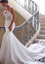 Charming Appliques Lace Mermaid Wedding Dress With Straps, Sexy Sleeveless Classy Prom Gown