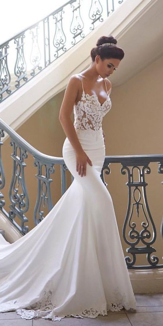 Charming Appliques Lace Mermaid Wedding Dress With Straps, Sexy Sleeveless Classy Prom Gown