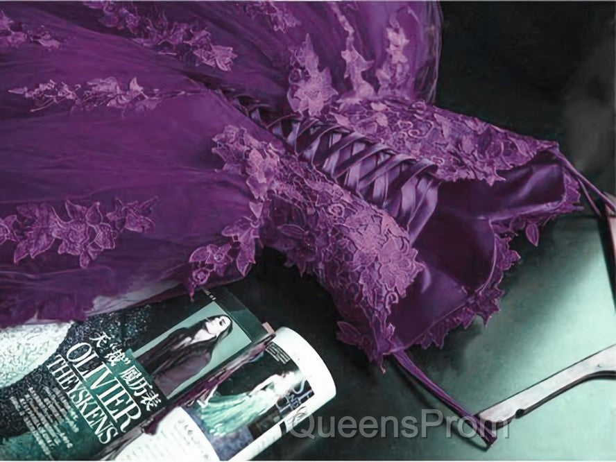 Charming Ball Gown Purple Tulle Sweetheart Lace Applique Evening Dress, Purple Sweet 16 Dress
