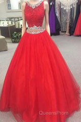 Charming Beaded Red Evening Prom Dress, Long Evening Prom Dress, Sexy Red Tulle Evening Dress