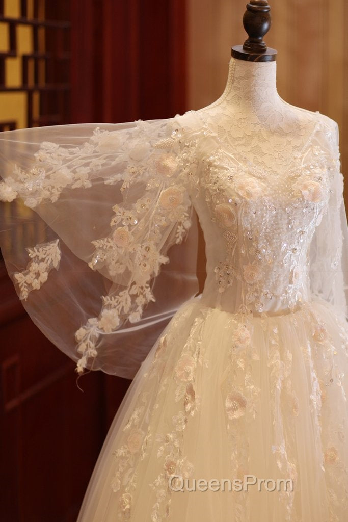 Charming Beautiful Ivory Tulle With Flowers Long Wedding Party Dress, Tulle Simple Wedding Dress Evening Prom Dress Party Dress