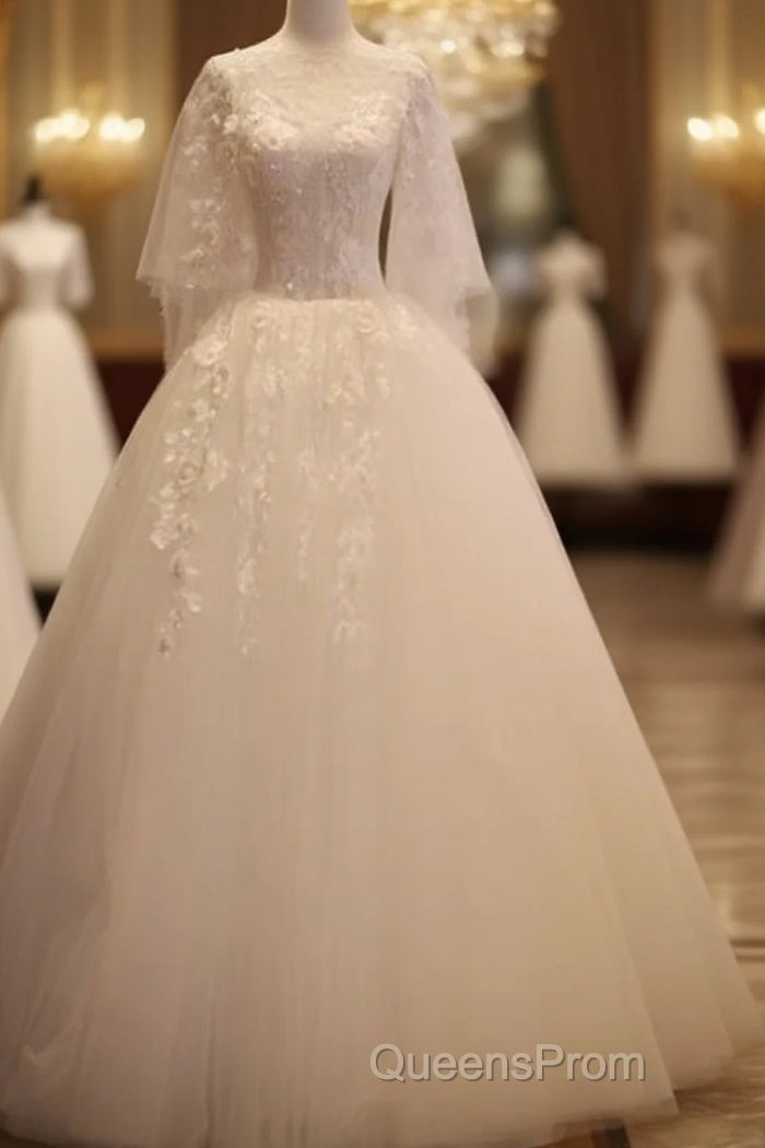 Charming Beautiful Ivory Tulle With Flowers Long Wedding Party Dress, Tulle Simple Wedding Dress Evening Prom Dress Party Dress Main image
