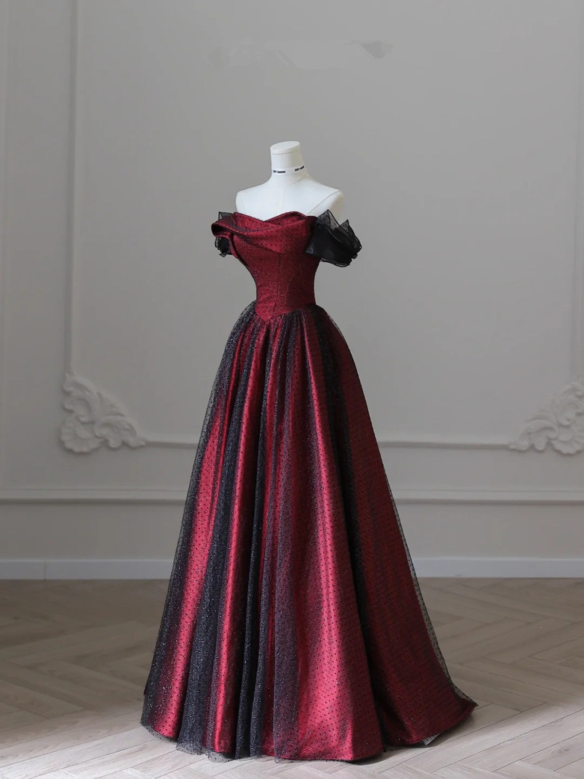 Charming Black And Red Off Shoulder A-Line Classy Prom Dress, Long Party Dress