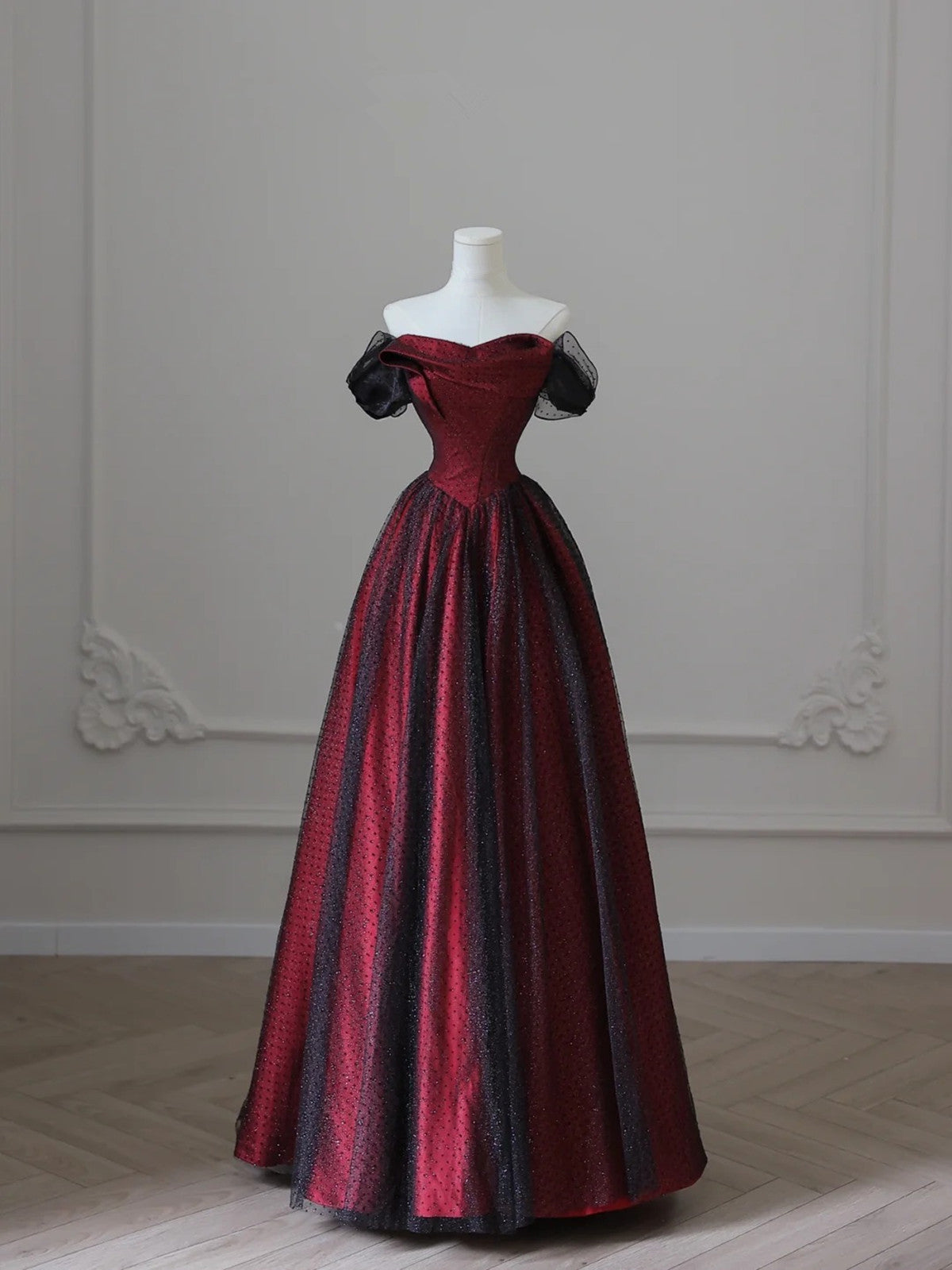 Charming Black And Red Off Shoulder A-Line Classy Prom Dress, Long Party Dress