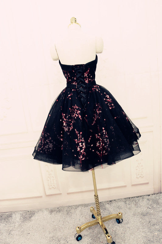 Charming Black Cute Floral Classy Dress, Black Party Dress, Homecoming Dress