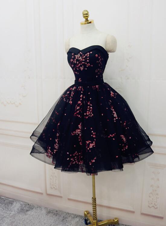 Charming Black Cute Floral Classy Dress, Black Party Dress, Homecoming Dress