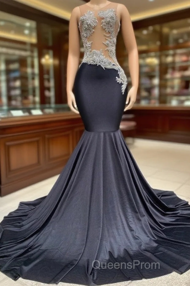 Charming Black Long Mermadi Jewel Satin Tulle Lace Appliques Evening Prom Dress Main image