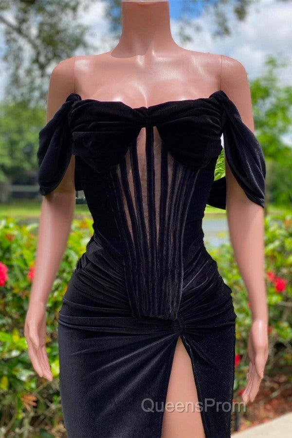 Charming Black Long Mermaid Off the Shoulder Velvet Evening Prom Dress with Slit Secondary image