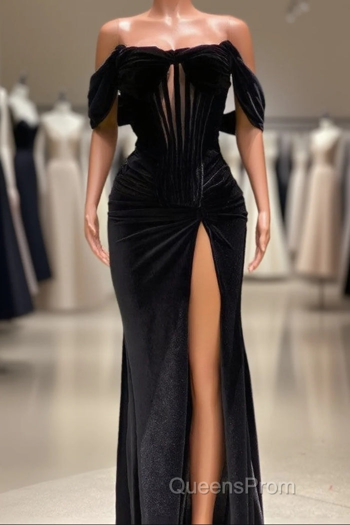 Charming Black Long Mermaid Off the Shoulder Velvet Evening Prom Dress with Slit Main image