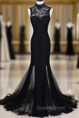Charming Black Mermaid Backless Long Evening Dress, High Neckline Evening Prom Dress