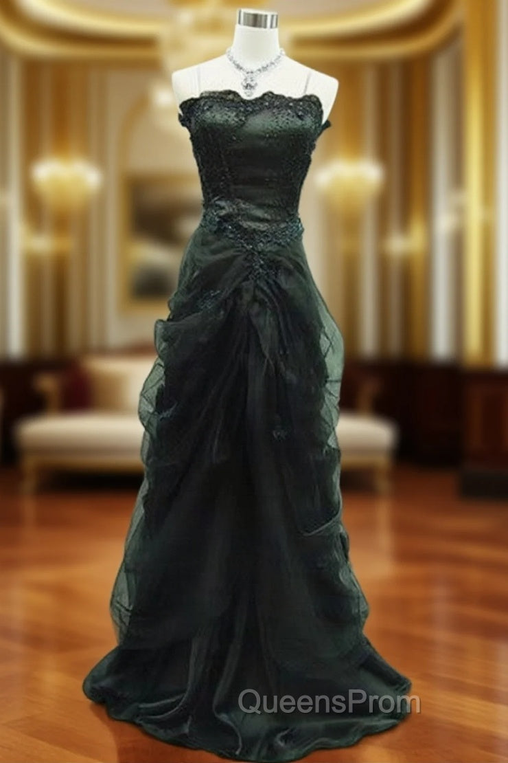 Charming Black Satin and Tulle Straps Beaded Long Party Dress, A-line Black Evening Prom Dress