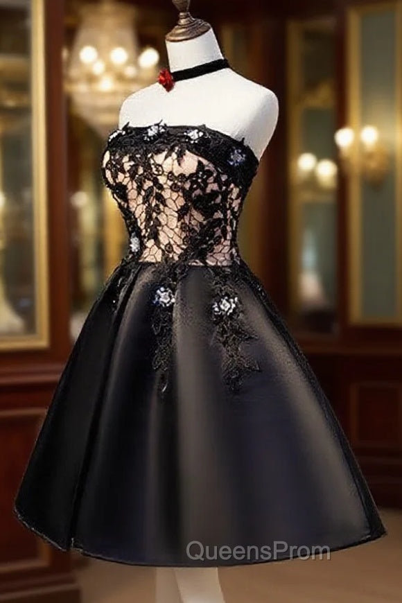 Charming Black Satin with Lace Applique Homecoming Dress, Knee Length Evening Prom Dress Main image