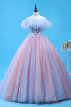 Charming Blue and Pink Tulle Off Shoulder Sweet 16 Dress with Lace, Ball Gown Evening Dress