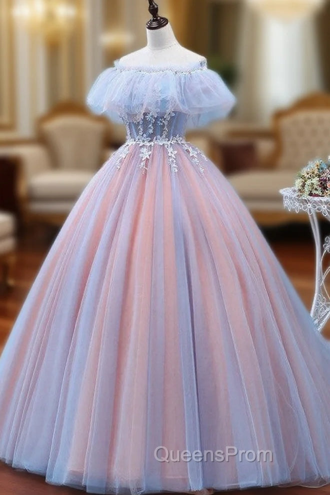 Charming Blue and Pink Tulle Off Shoulder Sweet 16 Dress with Lace, Ball Gown Evening Dress Main image