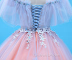 Charming Blue and Pink Tulle Off Shoulder Sweet 16 Dress with Lace, Ball Gown Evening Dress