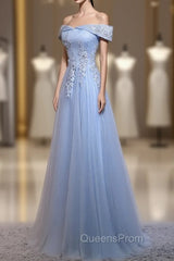 Charming Blue Elegant Tulle Party Dress with Lace Applique, Long Evening Prom Dress