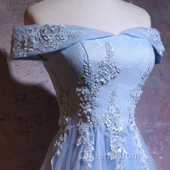 Charming Blue Elegant Tulle Party Dress with Lace Applique, Long Evening Prom Dress