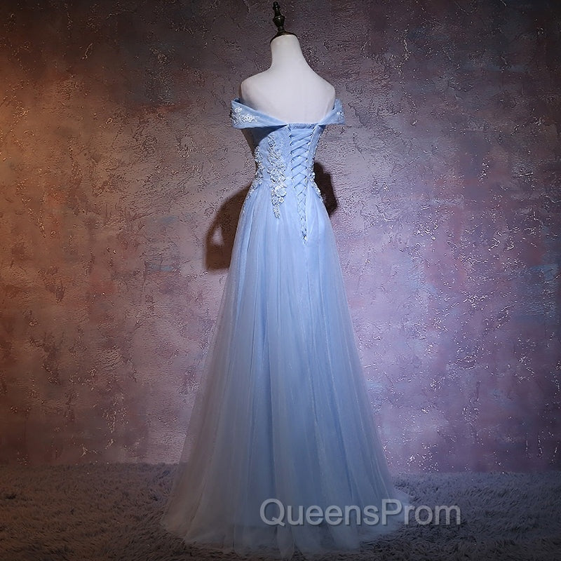 Charming Blue Elegant Tulle Party Dress with Lace Applique, Long Evening Prom Dress