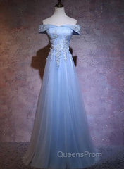 Charming Blue Elegant Tulle Party Dress with Lace Applique, Long Evening Prom Dress