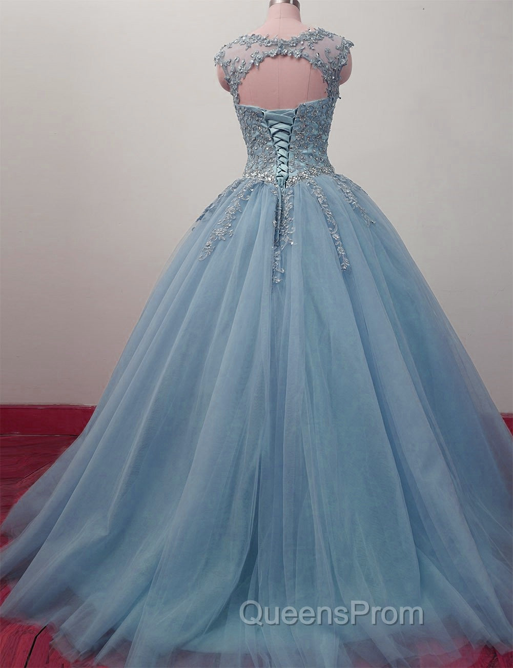 Charming Blue Tulle Long Ball Gown Sweet 16 Dress with Lace, Evening Gown Secondary image