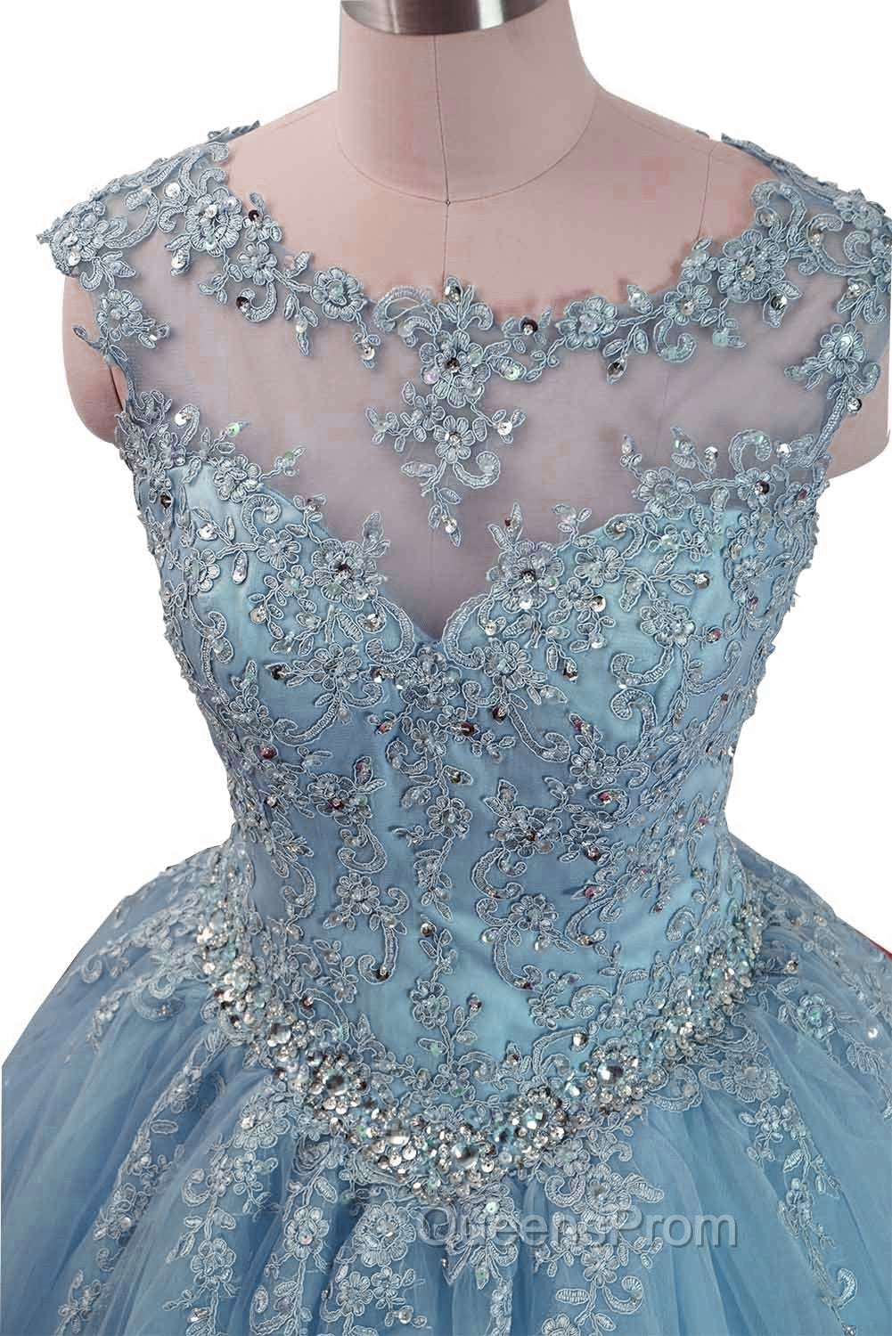 Charming Blue Tulle Long Ball Gown Sweet 16 Dress with Lace, Evening Gown