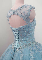 Charming Blue Tulle Long Ball Gown Sweet 16 Dress with Lace, Evening Gown
