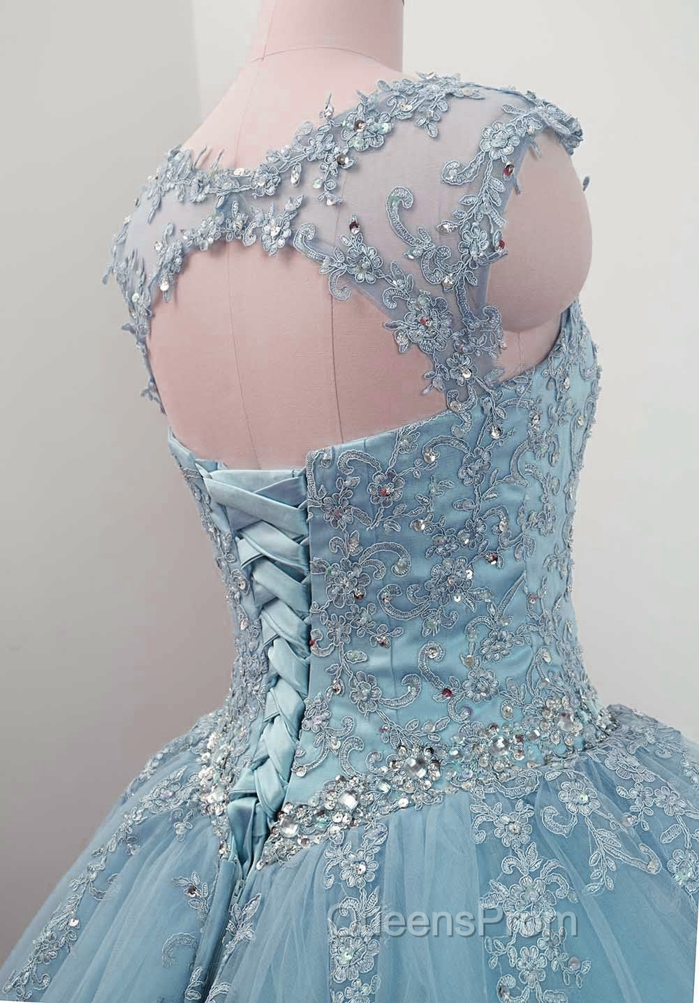 Charming Blue Tulle Long Ball Gown Sweet 16 Dress with Lace, Evening Gown