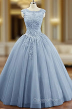 Charming Blue Tulle Long Ball Gown Sweet 16 Dress with Lace, Evening Gown