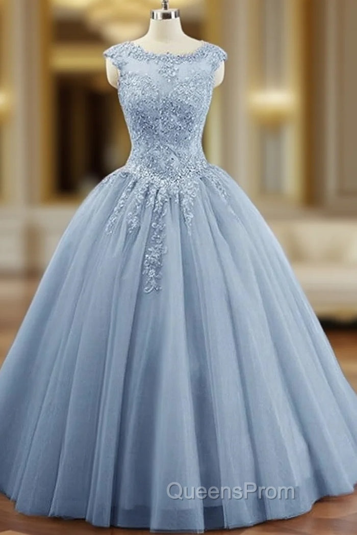 Charming Blue Tulle Long Ball Gown Sweet 16 Dress with Lace, Evening Gown