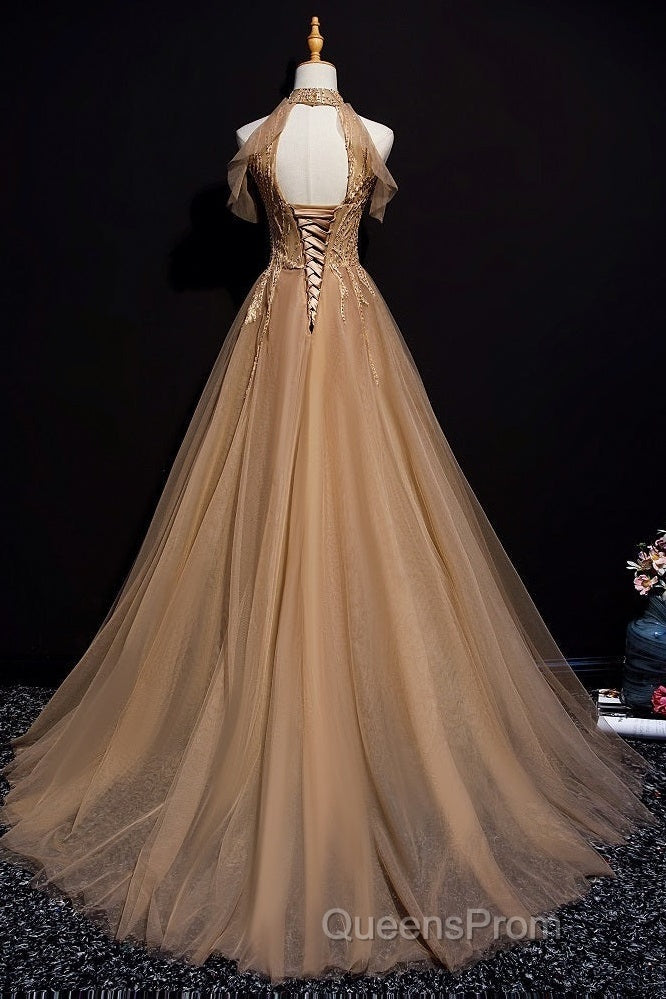 Charming Champagne Tulle Halter Long Party Gown, Evening Prom Dress Secondary image