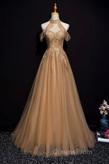 Charming Champagne Tulle Halter Long Party Gown, Evening Prom Dress