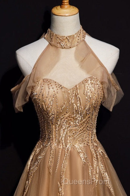 Charming Champagne Tulle Halter Long Party Gown, Evening Prom Dress