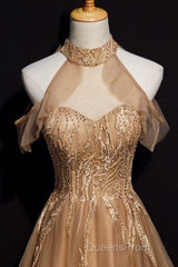 Charming Champagne Tulle Halter Long Party Gown, Evening Prom Dress