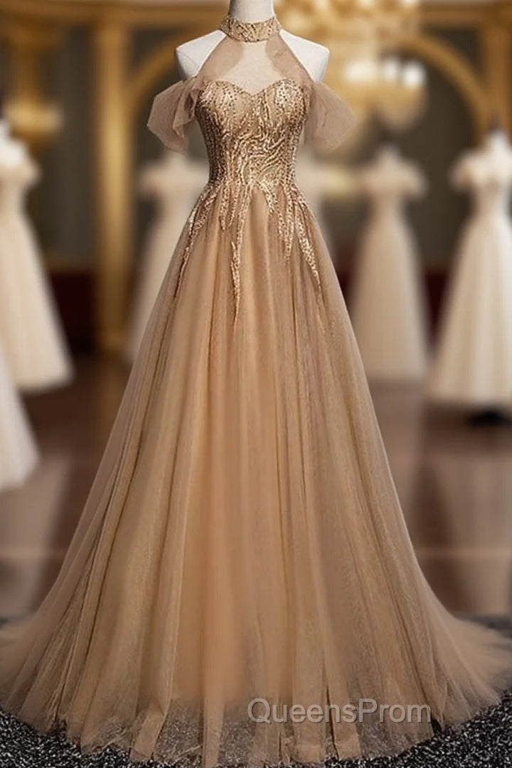 Charming Champagne Tulle Halter Long Party Gown, Evening Prom Dress Main image