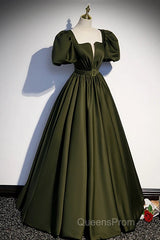 Charming Dark Green Puffy Sleeves Long Evening Gown, Satin Floor Length Evening Prom Dress
